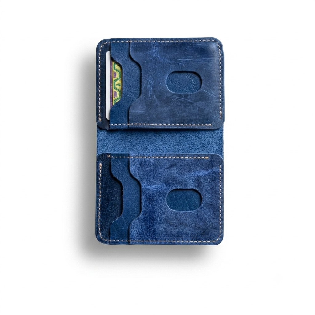 The Heritage Leather Vertical Bi-Fold Card Holder Van Gogh Blue