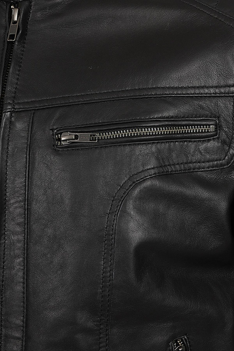 Close-up of a black leather jacket showing a zippered pocket and zipper details.