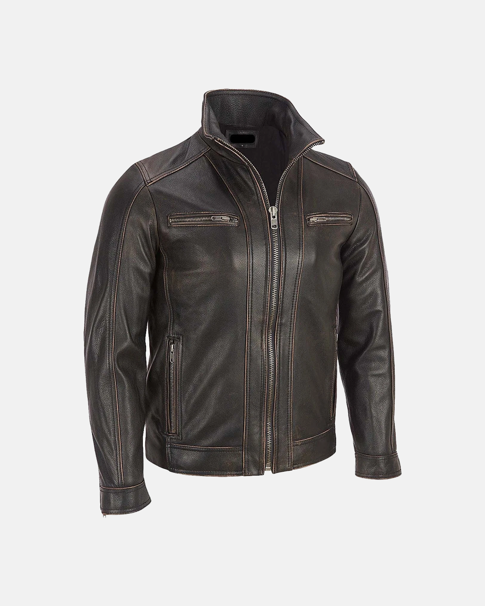 Men distressed Dark Brown Cafe Racer Biker Leather Jacket