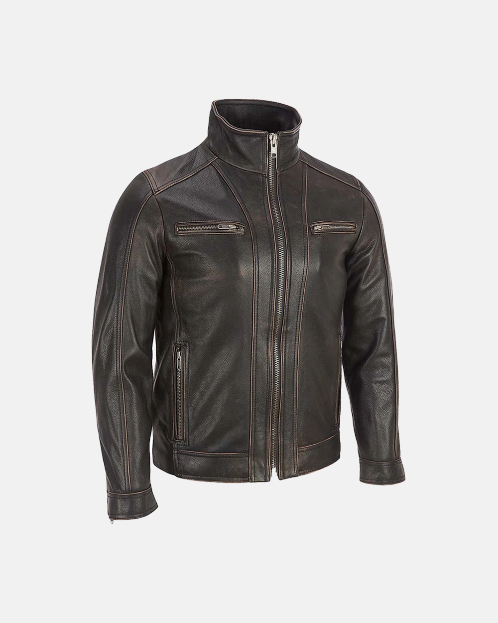 Men distressed Dark Brown Cafe Racer Biker Leather Jacket