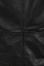 Close-up of a black leather jacket showing the texture and fine stitching details.