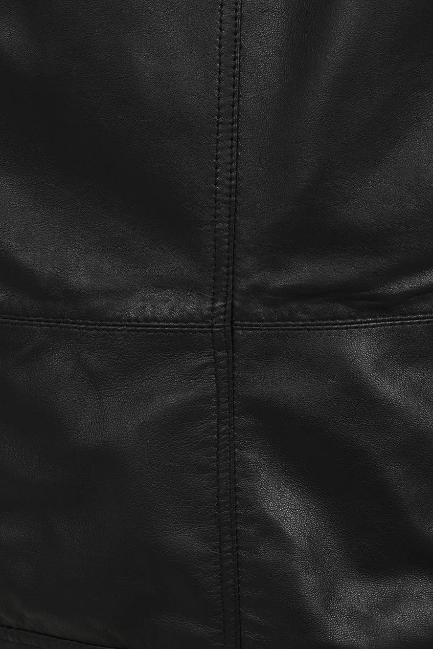 Close-up of a black leather jacket showing the texture and fine stitching details.