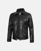 Men's Black Premium Leather Trucker Jacket Harrington