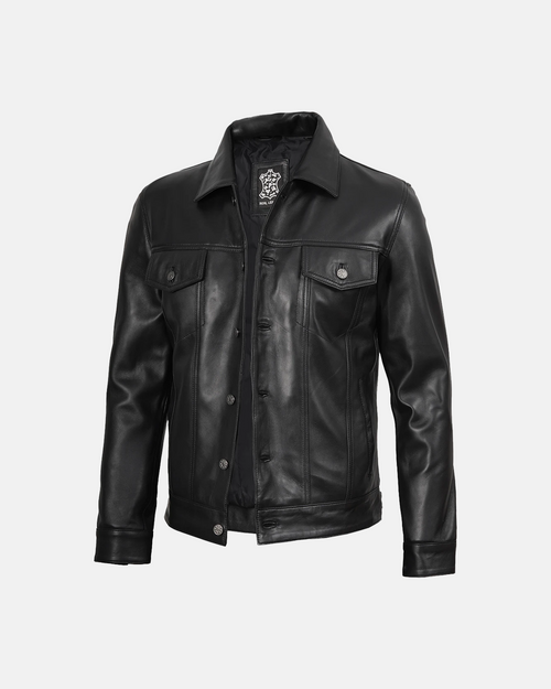 Men's Black Premium Leather Trucker Jacket Harrington