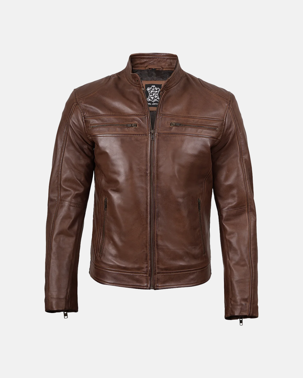 Men’s Cafe Racer Cognac Brown Lambskin Leather Jacket