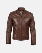 Men’s Cafe Racer Cognac Brown Lambskin Leather Jacket