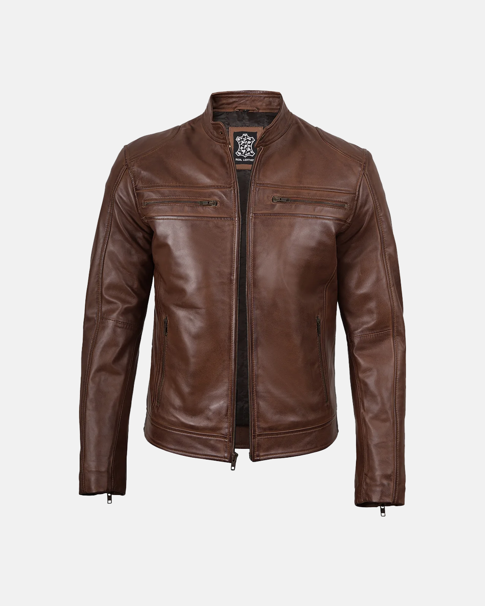 Men’s Cafe Racer Cognac Brown Lambskin Leather Jacket