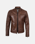 Men’s Cafe Racer Cognac Brown Lambskin Leather Jacket