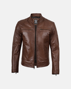 Men’s Cafe Racer Cognac Brown Lambskin Leather Jacket