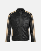 Men's Black With Cream Stripes Cafe Racer Leather Jacket