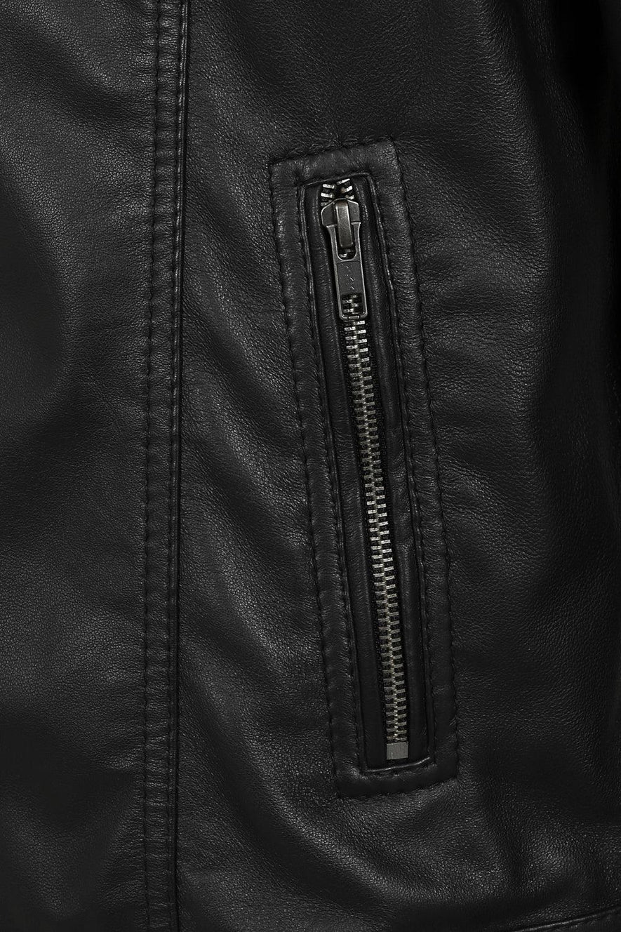 Close-up of a black leather jacket showing a vertical zippered pocket with a black metal zipper pull.