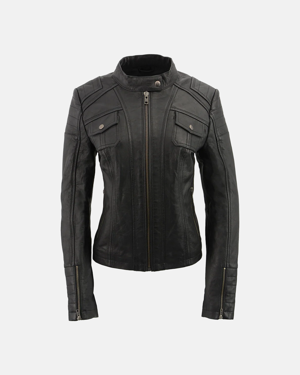 Women's Black Mandarin Collar Fashion Casual Leather Jacket