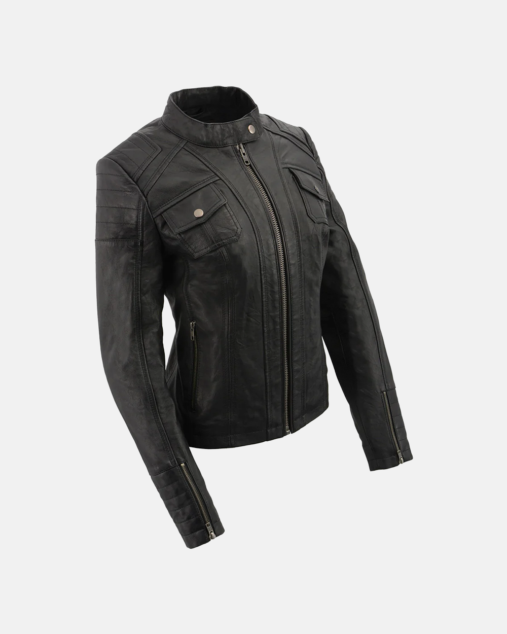 Women's Black Mandarin Collar Fashion Casual Leather Jacket