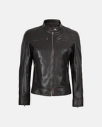 Women's Dark Brown Ruboff Rivet FNR Leather Jacket