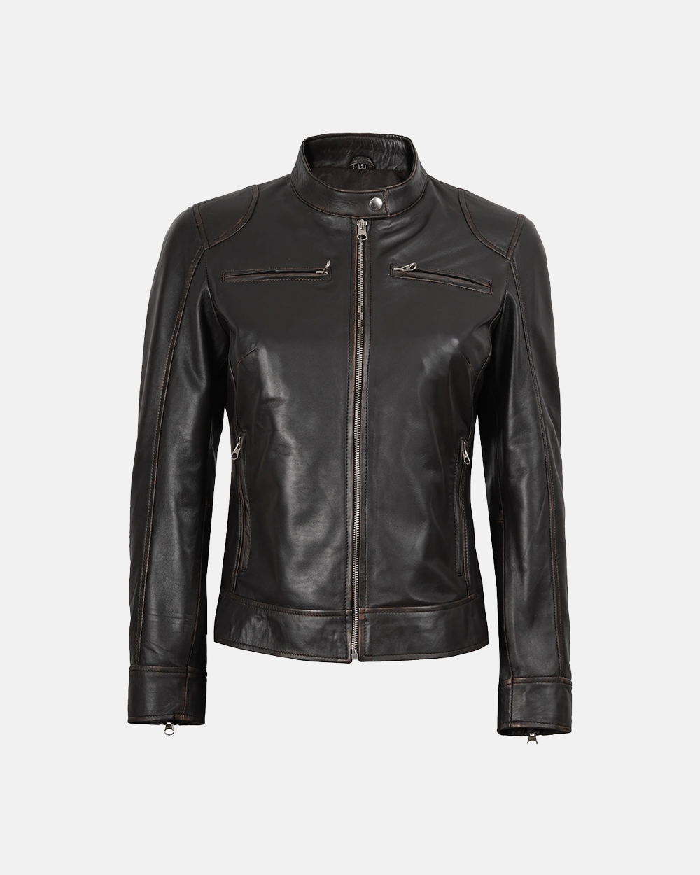 Women's Dark Brown Ruboff Rivet FNR Leather Jacket