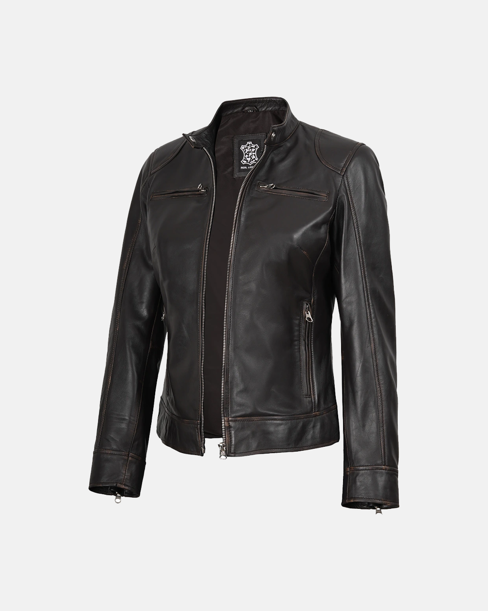 Women's Dark Brown Ruboff Rivet FNR Leather Jacket
