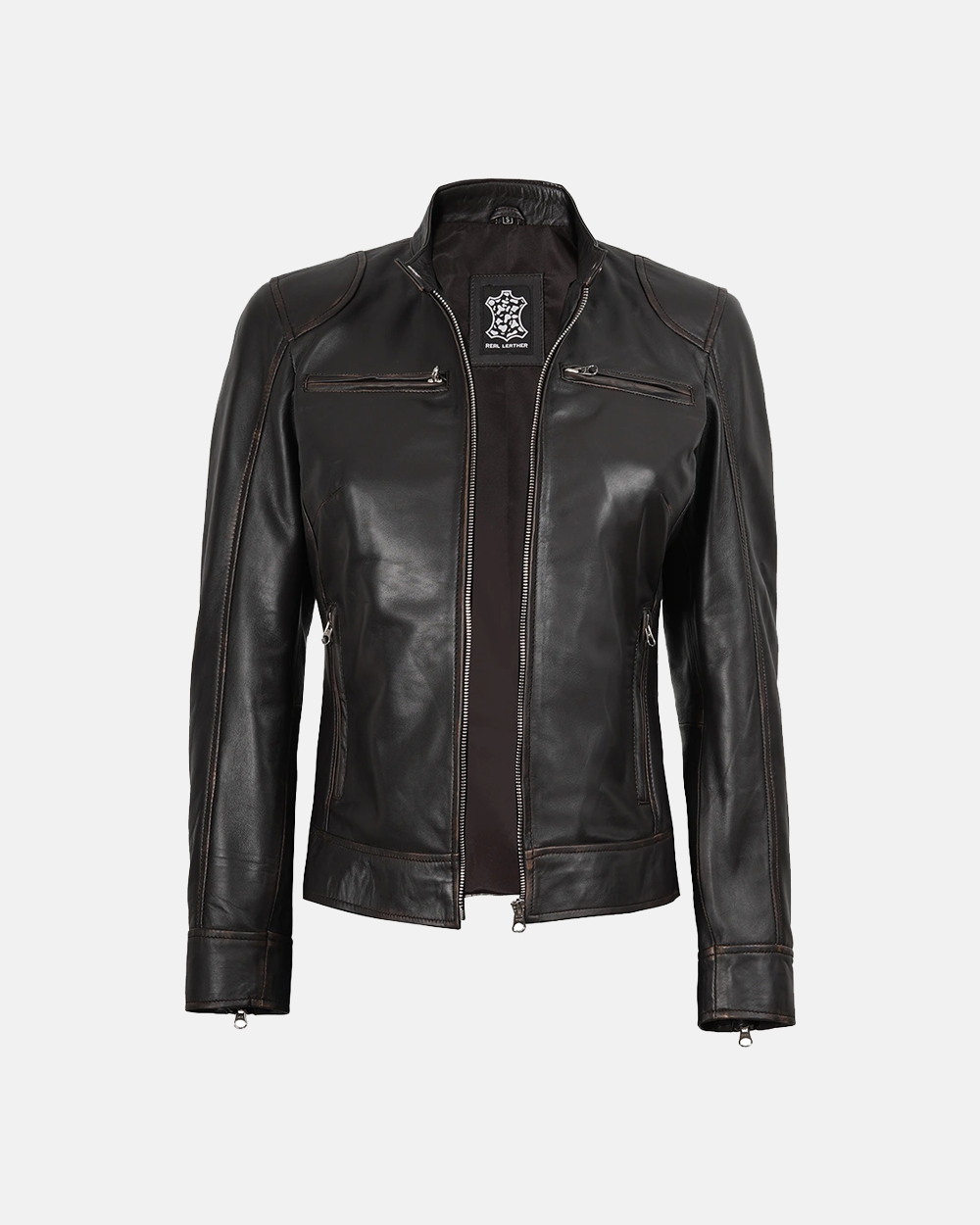 Women's Dark Brown Ruboff Rivet FNR Leather Jacket